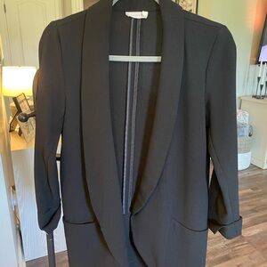 Lush Black Blazer with Shawl Collar and Ruched Sleeves